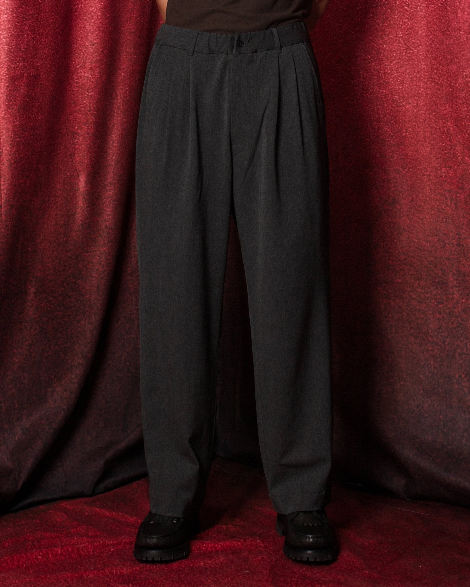 Twill Stretch Wide Double Pleated Easy Pants Charcoal - SAGE DE CRET