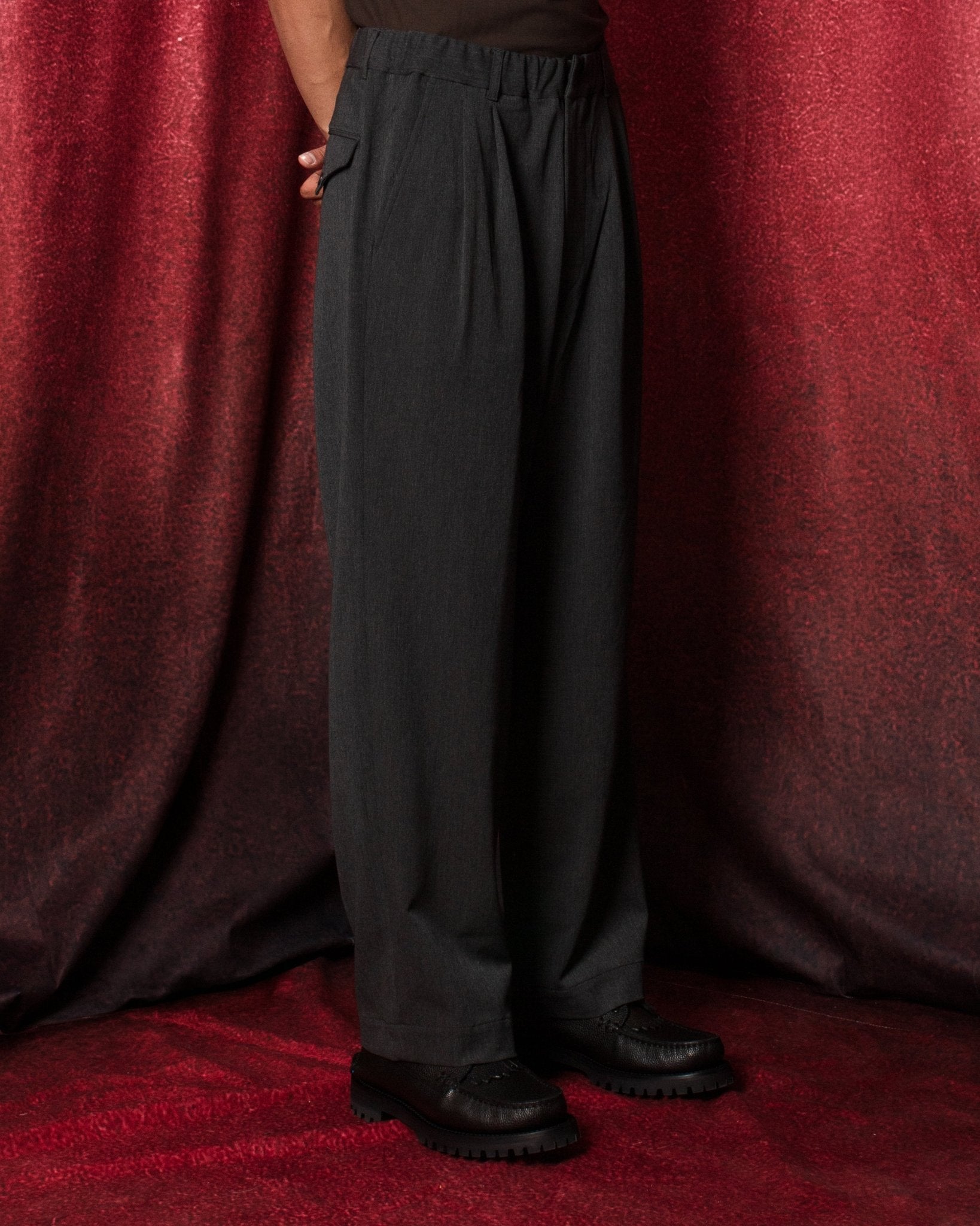 Twill Stretch Wide Double Pleated Easy Pants Charcoal - SAGE DE CRET