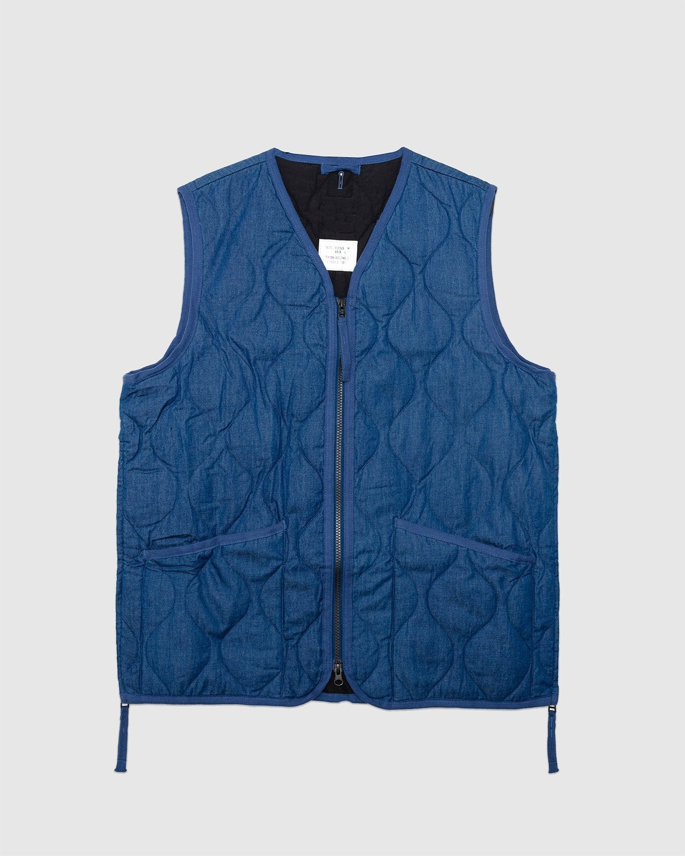 Military W-Zip V Neck Down Vest Indigo Denim - TAION