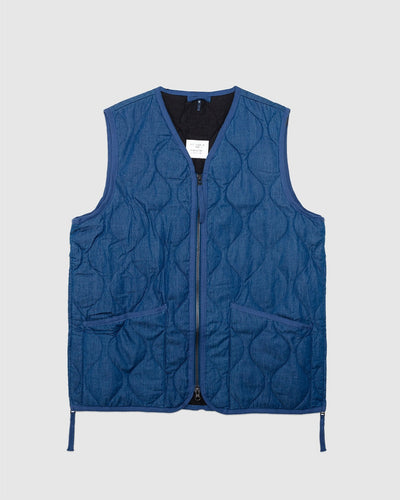 Military W-Zip V Neck Down Vest Indigo Denim - TAION