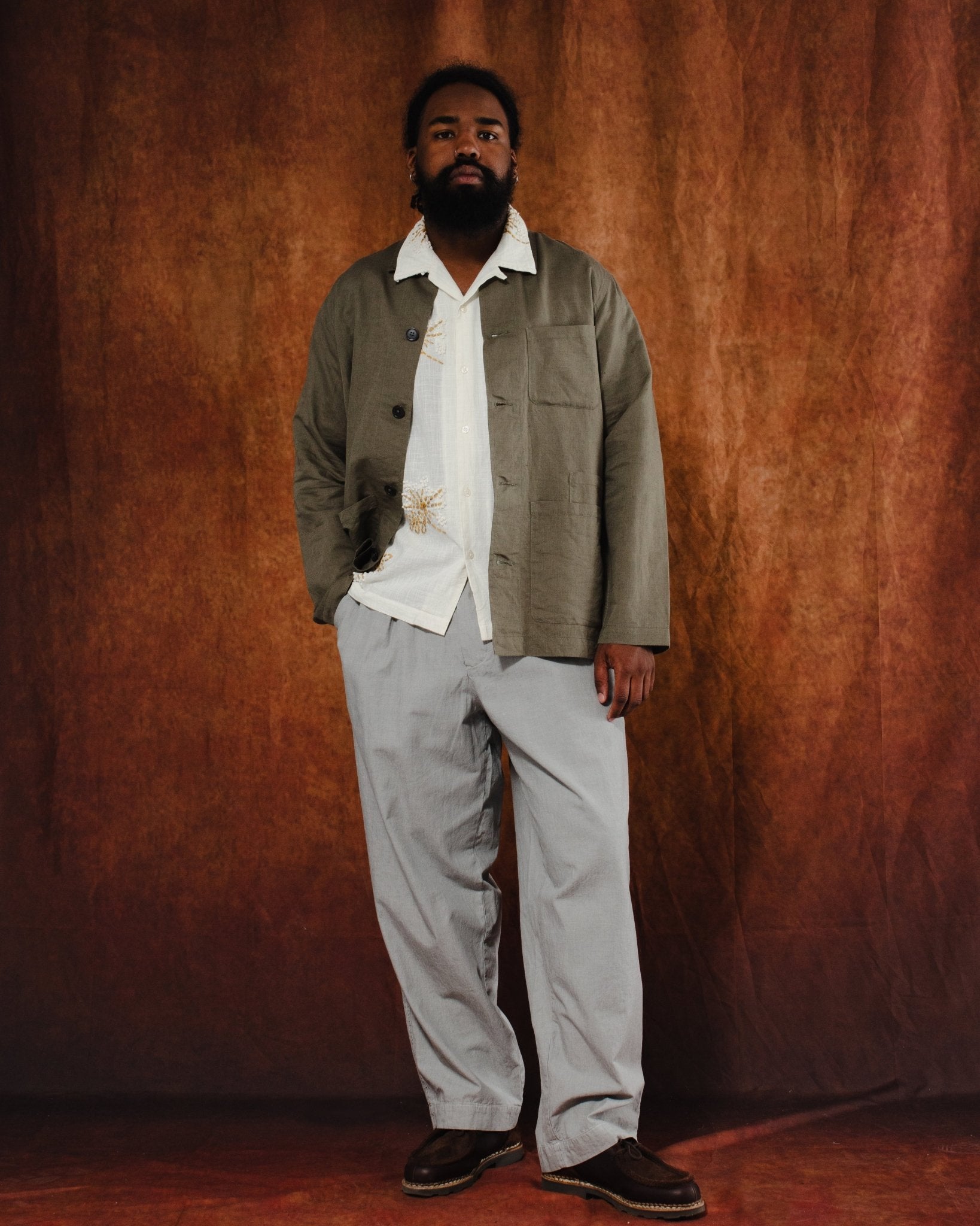 Bakers Overshirt Linen Cotton Olive - UNIVERSAL WORKS