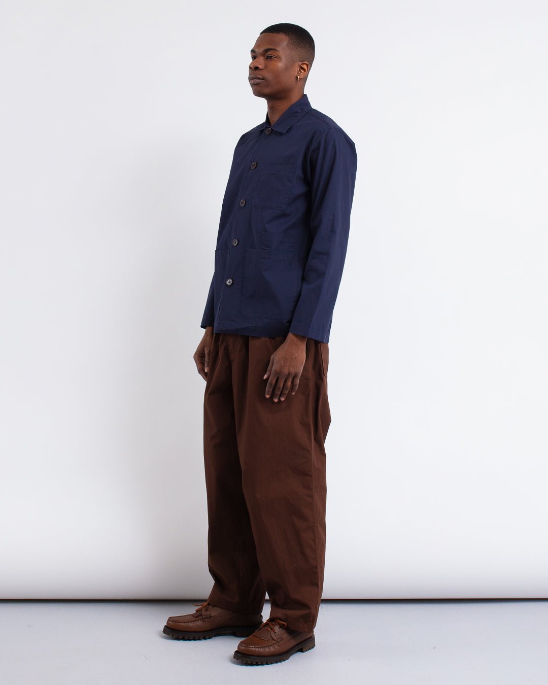 Bakers Overshirt Peached Poplin Navy - UNIVERSAL WORKS