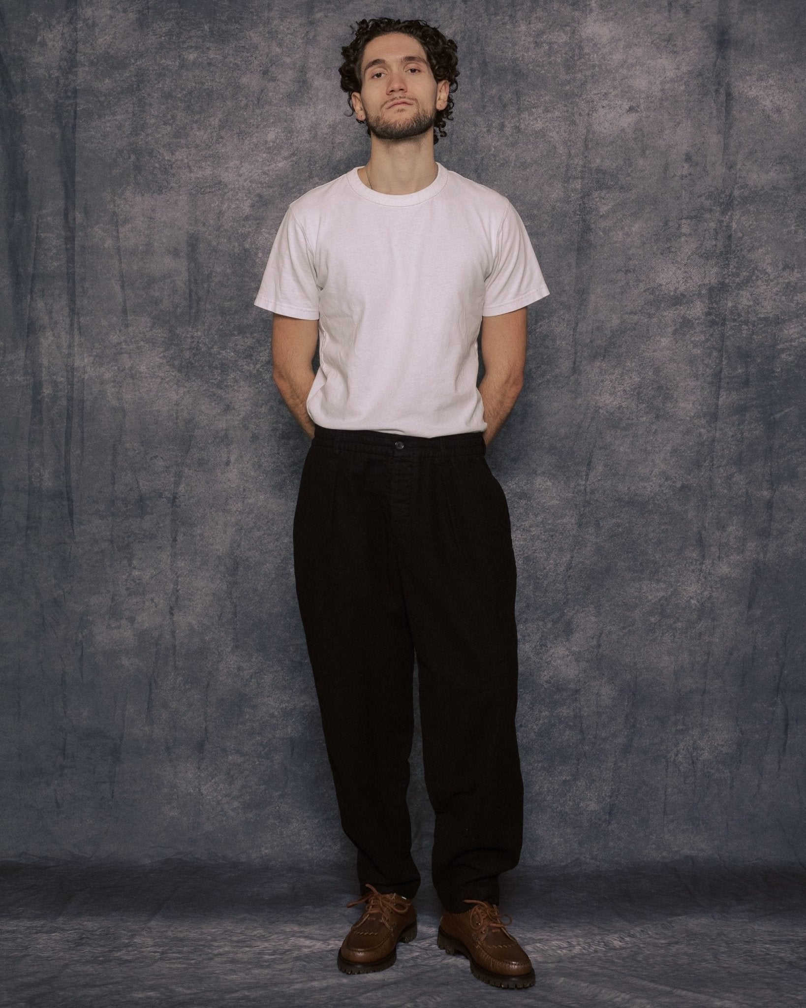 Pleated Track Pant Black Comfort Moleskin - UNIVERSAL WORKS