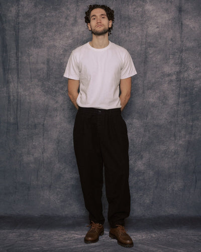 Pleated Track Pant Black Comfort Moleskin - UNIVERSAL WORKS