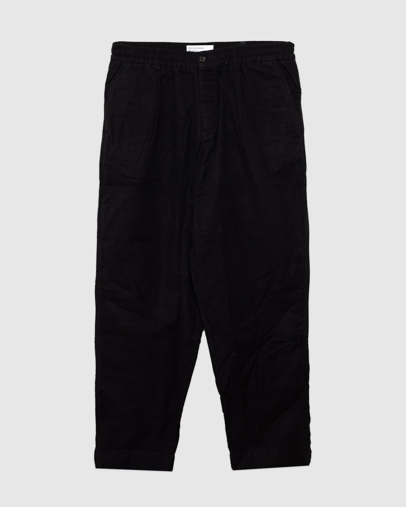 Pleated Track Pant Black Comfort Moleskin - UNIVERSAL WORKS