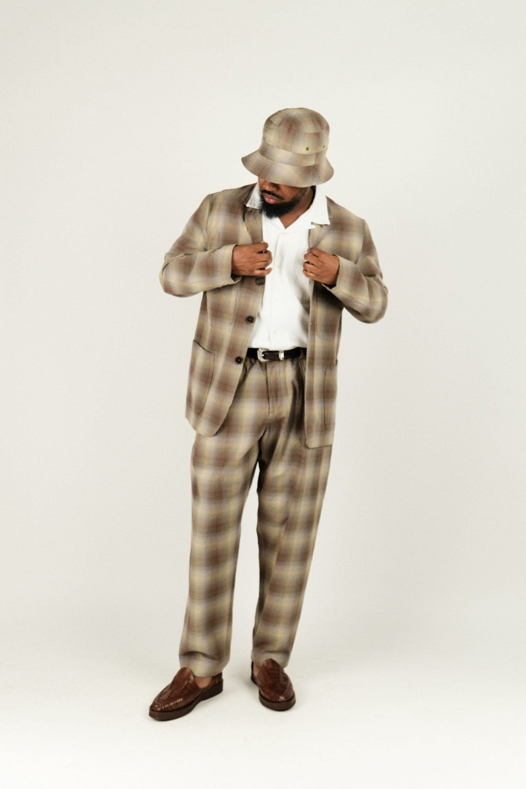 Pleated Track Pant Check Seersucker Olive - UNIVERSAL WORKS