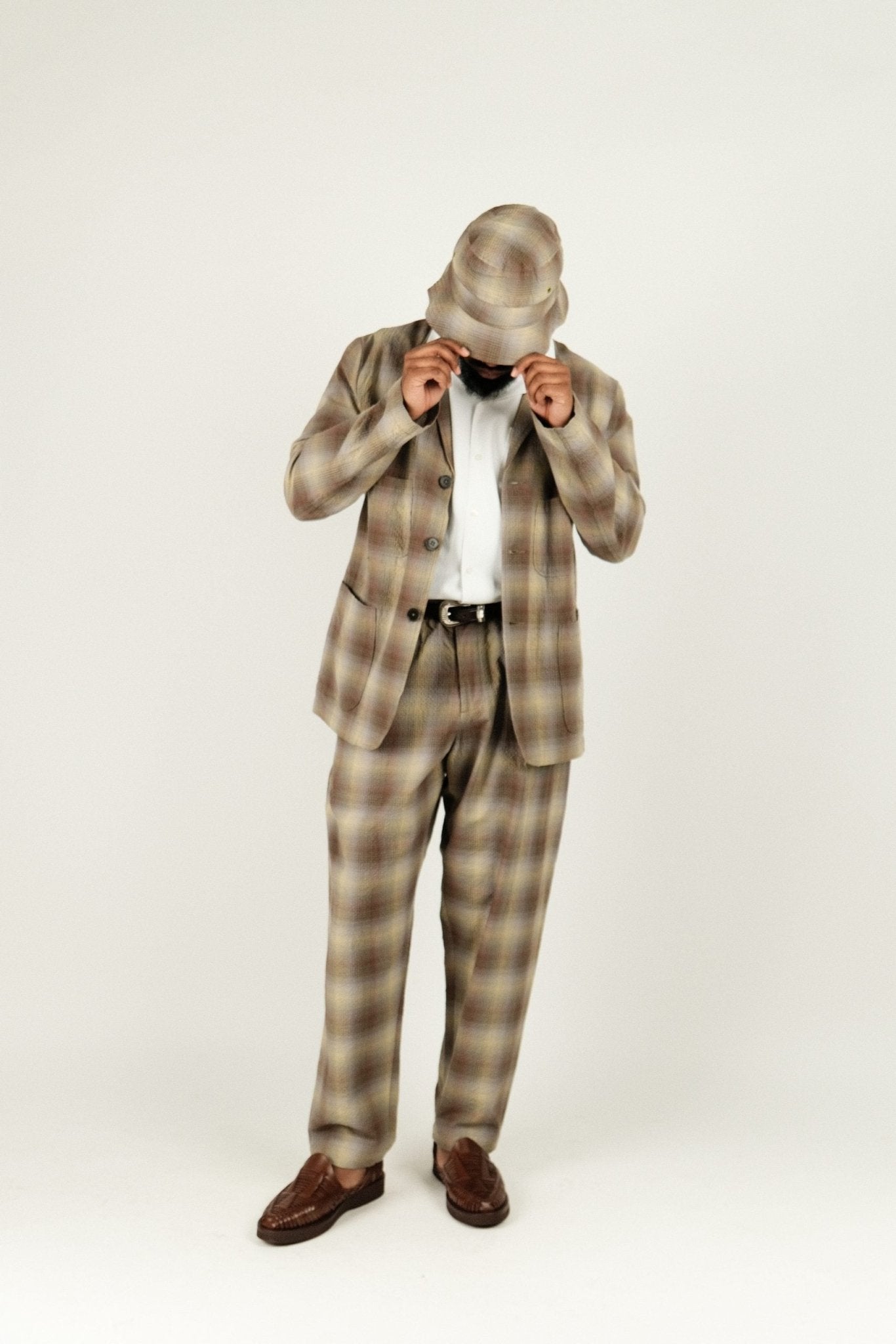 Pleated Track Pant Check Seersucker Olive - UNIVERSAL WORKS