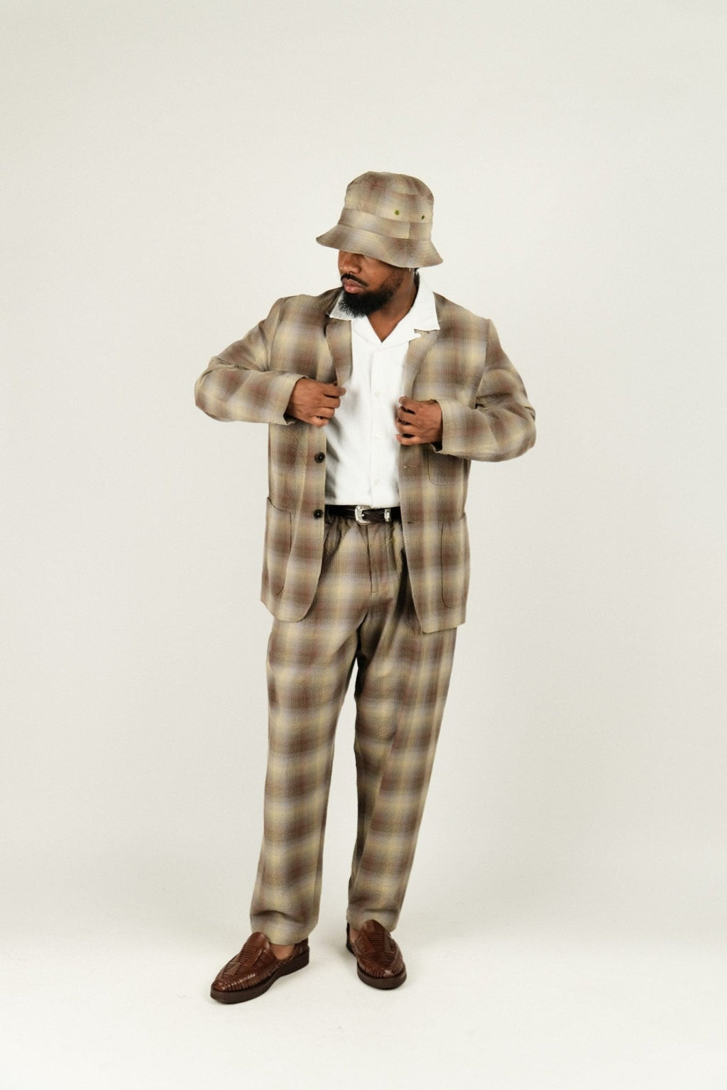 Pleated Track Pant Check Seersucker Olive - UNIVERSAL WORKS