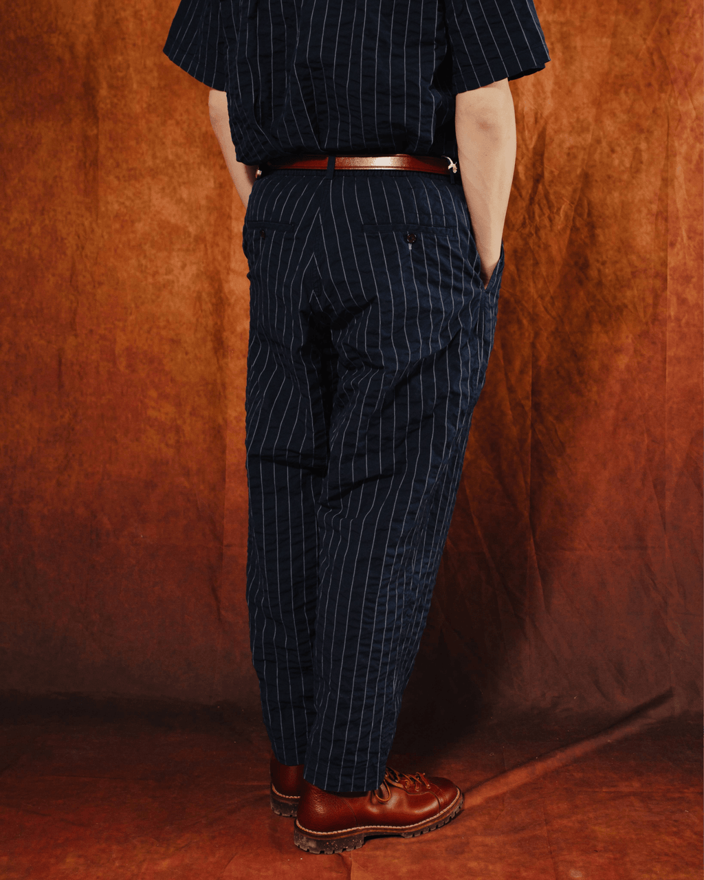 Pleated Track Pant Chester Stripe Navy - UNIVERSAL WORKS