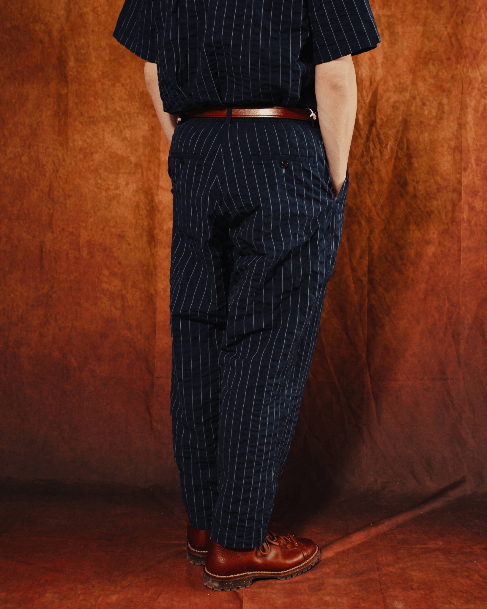 Pleated Track Pant Chester Stripe Navy - UNIVERSAL WORKS