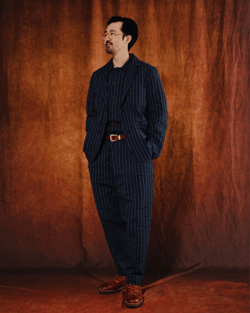 Pleated Track Pant Chester Stripe Navy - UNIVERSAL WORKS