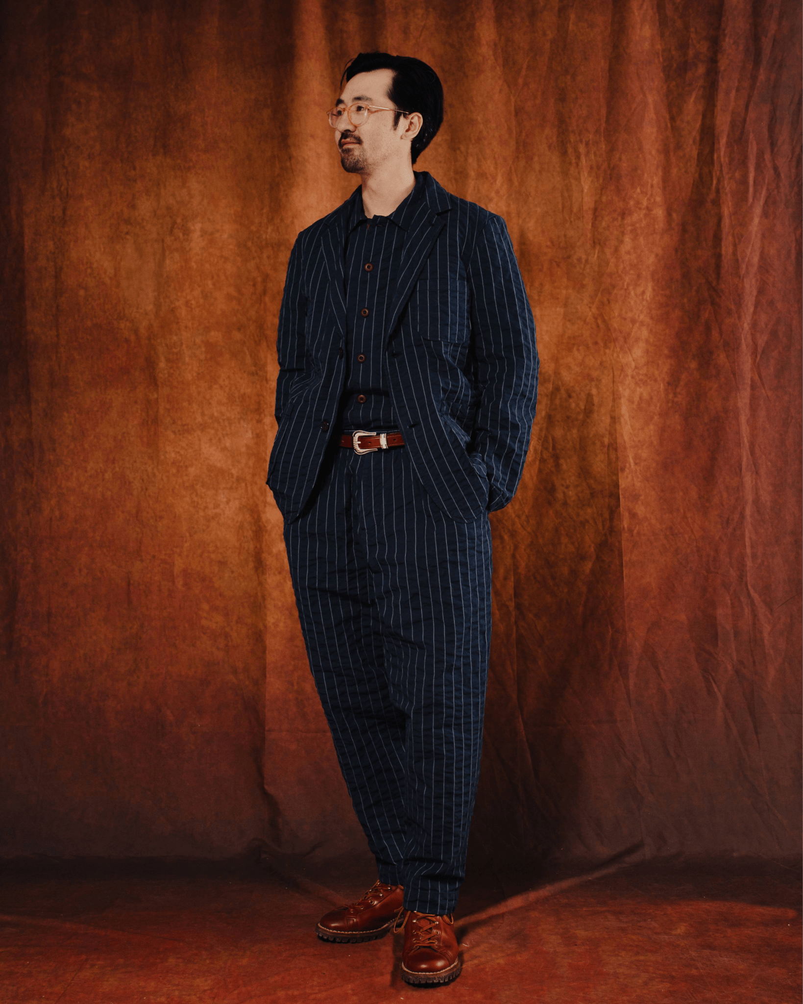 Pleated Track Pant Chester Stripe Navy - UNIVERSAL WORKS