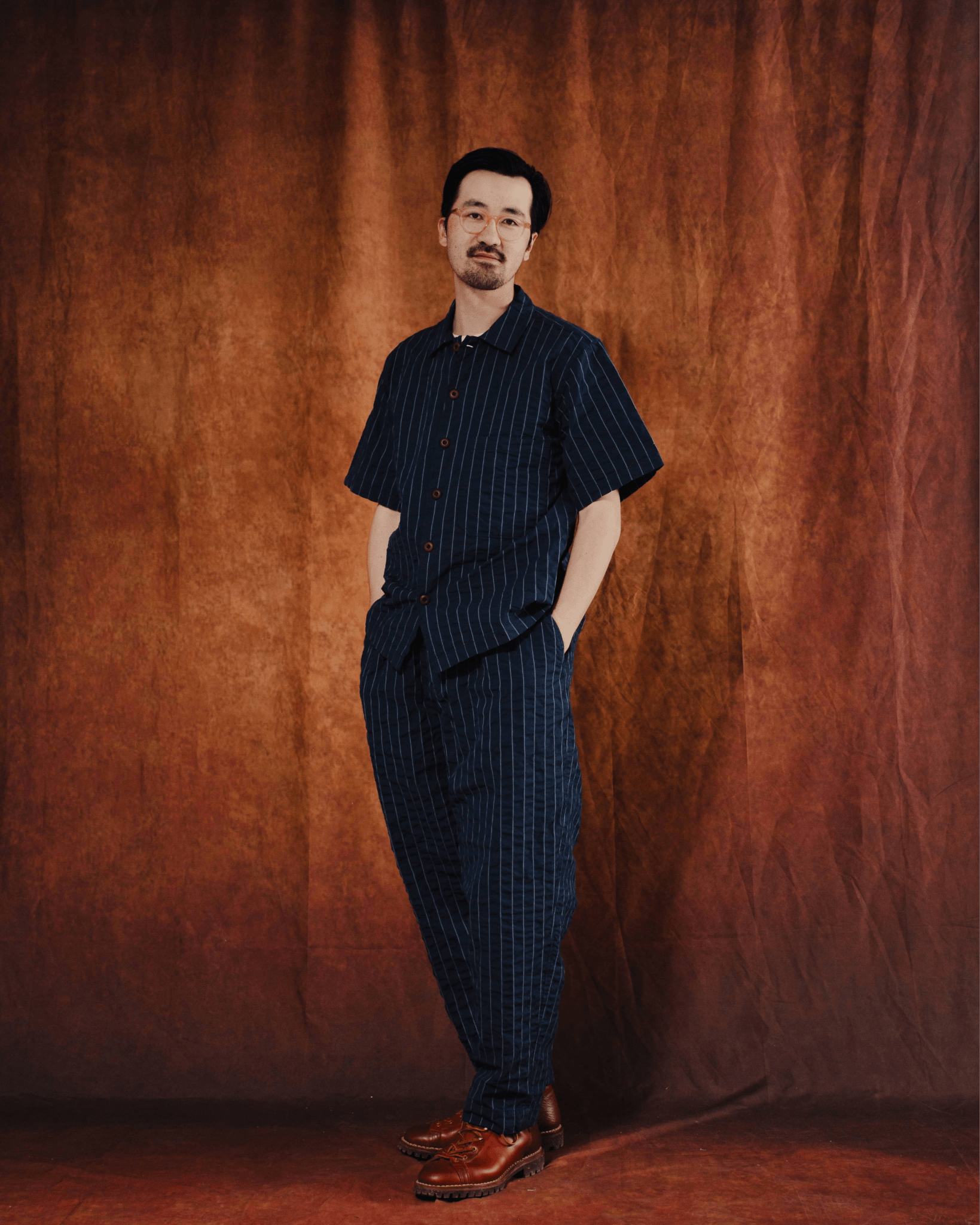 Pleated Track Pant Chester Stripe Navy - UNIVERSAL WORKS