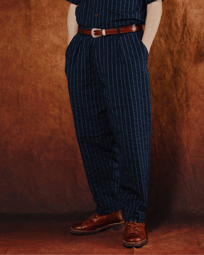 Pleated Track Pant Chester Stripe Navy - UNIVERSAL WORKS