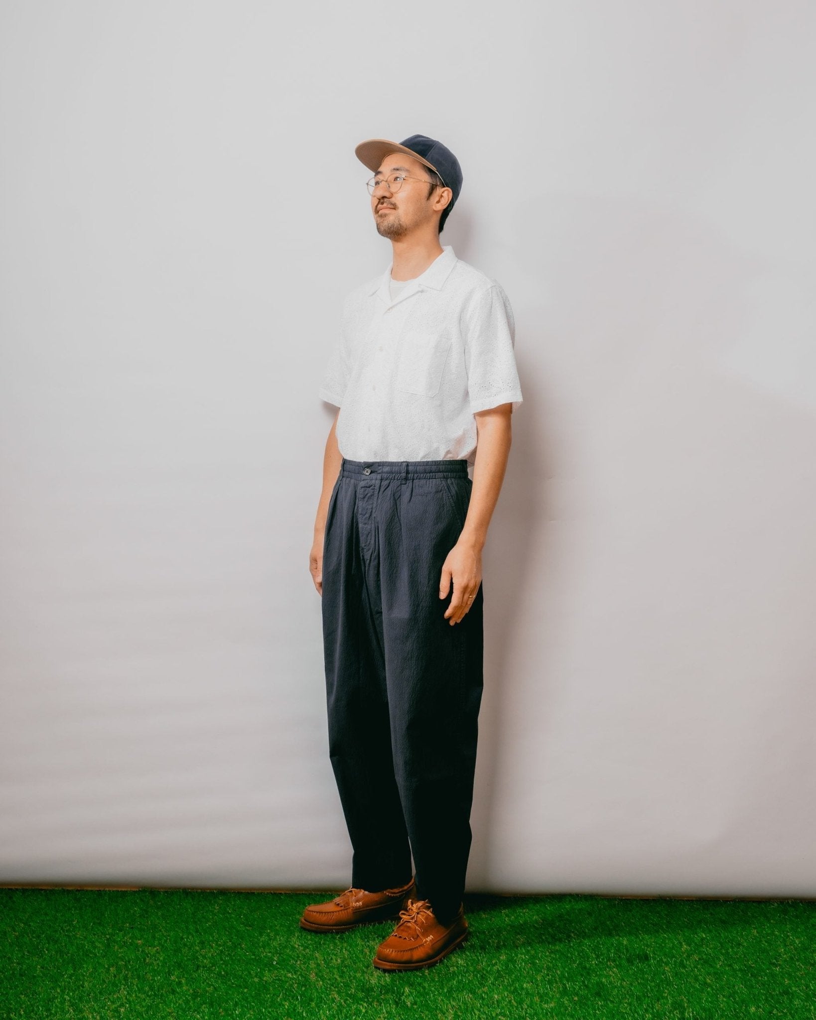 Pleated Track Pant in Seersucker ll - Navy - UNIVERSAL WORKS