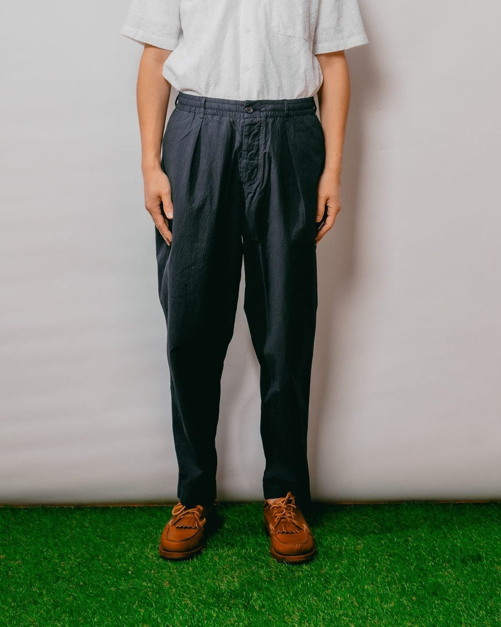 Pleated Track Pant in Seersucker ll - Navy - UNIVERSAL WORKS