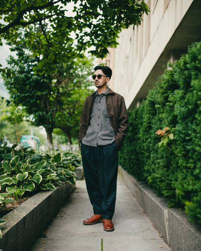Pleated Track Pant Recycled IT Tweed Olive - UNIVERSAL WORKS