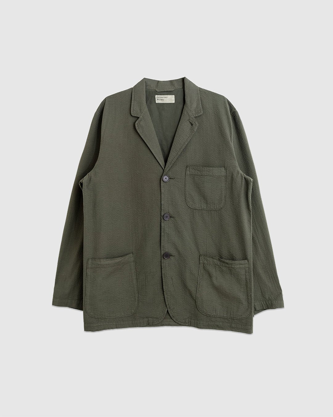 Three Button Jacket Merida Seersucker Olive - UNIVERSAL WORKS
