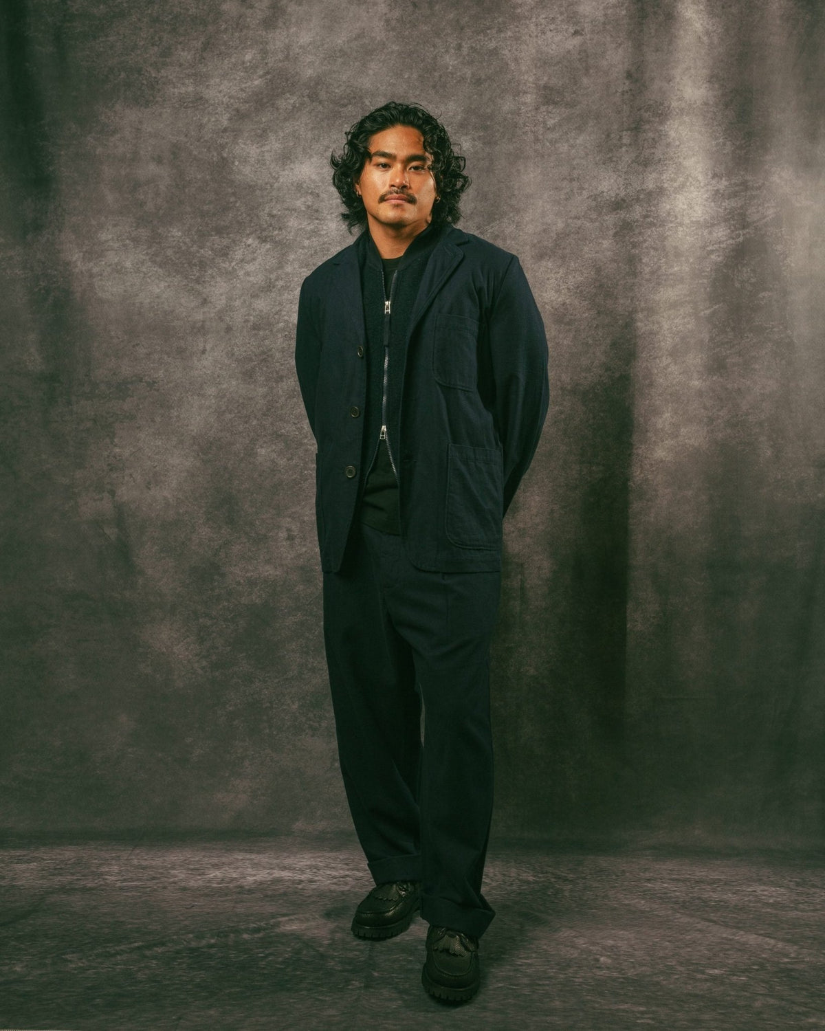 Three Button Jacket Navy Brushed Moleskin - UNIVERSAL WORKS