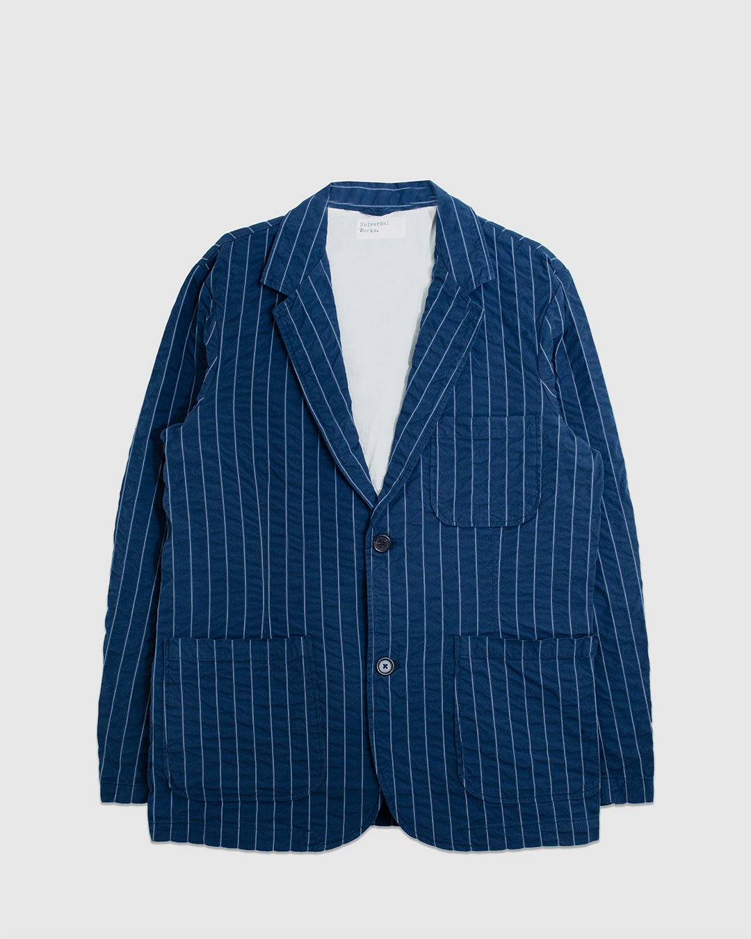 Two Button Jacket Chester Stripe Navy - UNIVERSAL WORKS