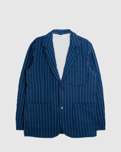 Two Button Jacket Chester Stripe Navy - UNIVERSAL WORKS