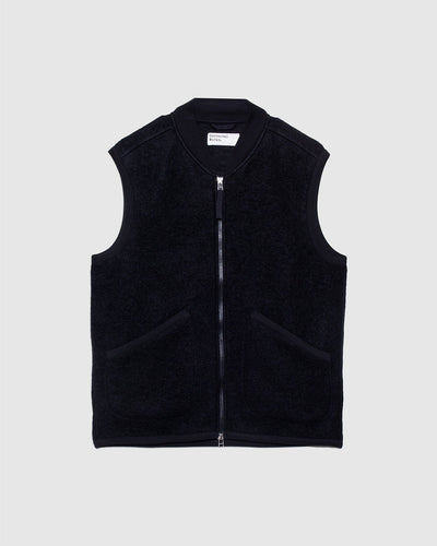 Zip Waistcoat Black Wool Fleece - UNIVERSAL WORKS